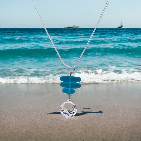 Tiny Bits of Treasure Jewelry - Sea glass and mermaid silver plated pendant.